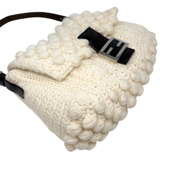 FENDI Vintage FF Logo Knit Mamma Baguette Shoulder Bag Wool Leather [106220] - Picture 7 of 15